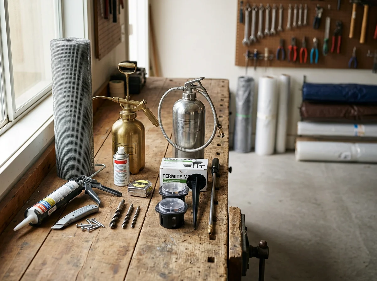 Pest control tools and equipment arranged on a work surface, ready for service.