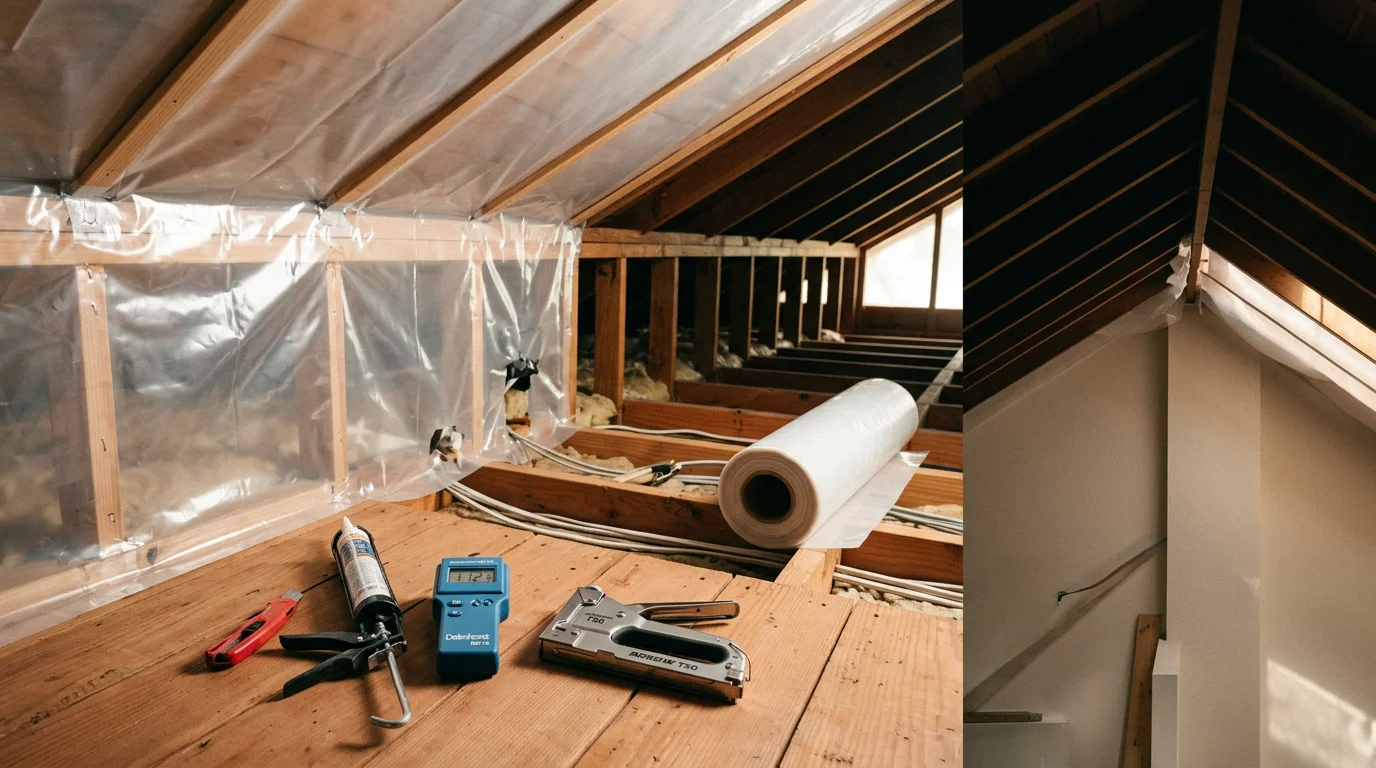 Insulation contractor installing vapor barrier in attic space