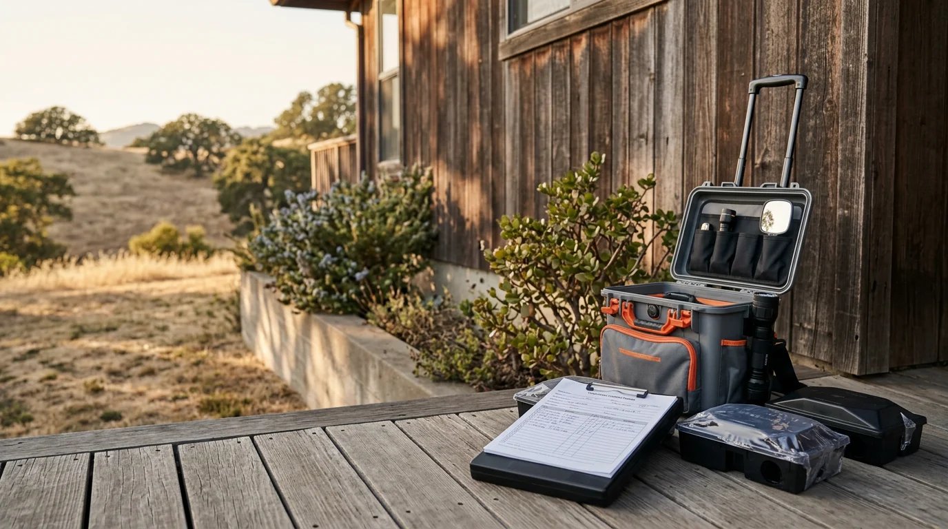 Pest control technician inspecting home exterior in Marin County