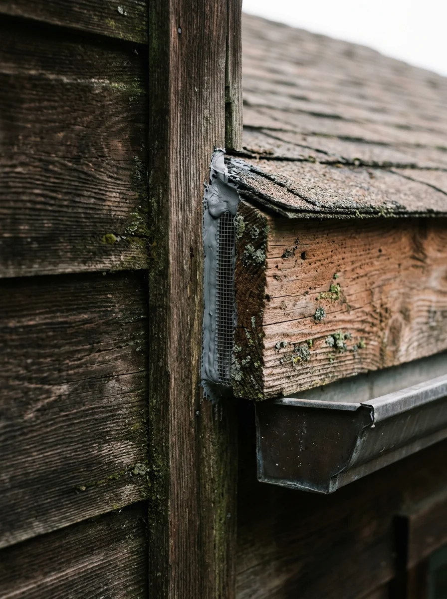 Close-up of a sealed rodent entry point at the roofline of a historic Marin County cottage with redwood siding.
