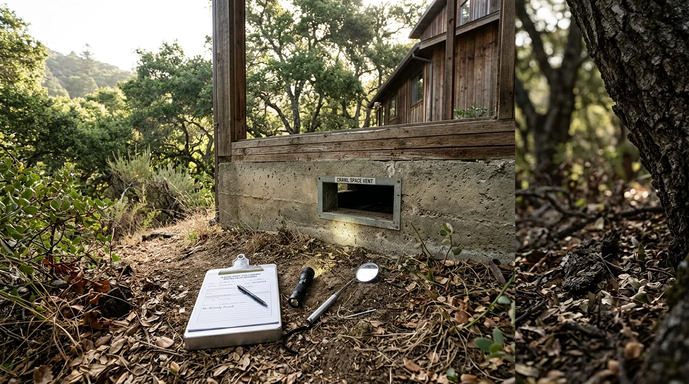 Pest control technician inspecting the crawl space vent of a wood-framed Marin County home surrounded by mature oak trees.