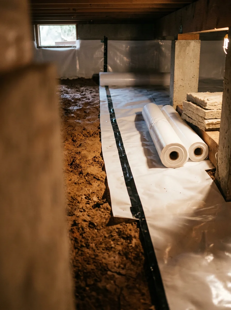 Vapor barrier installation in progress under the raised foundation of a Novato home with clay-loam soil visible on the crawl space floor.
