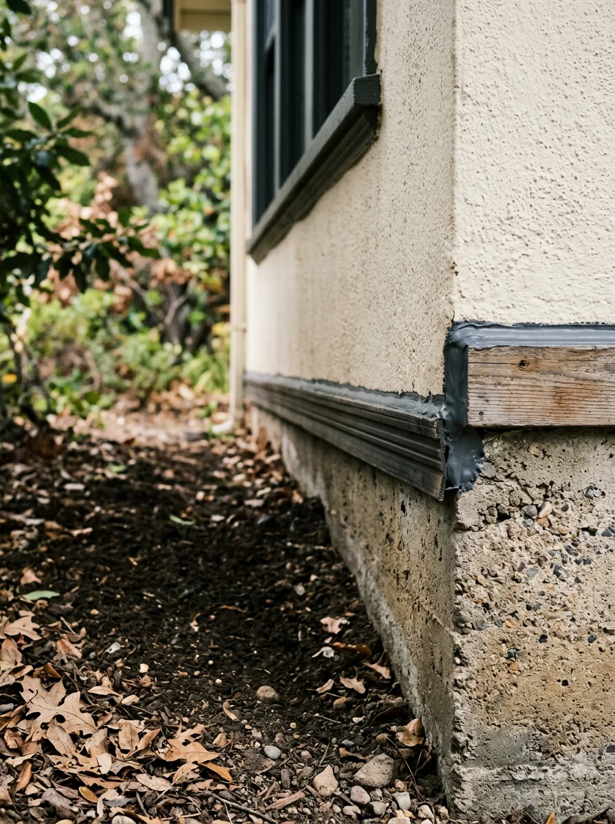 Sealed foundation gap on a pre-war bungalow in San Rafael's Gerstle Park neighborhood after rodent exclusion work.