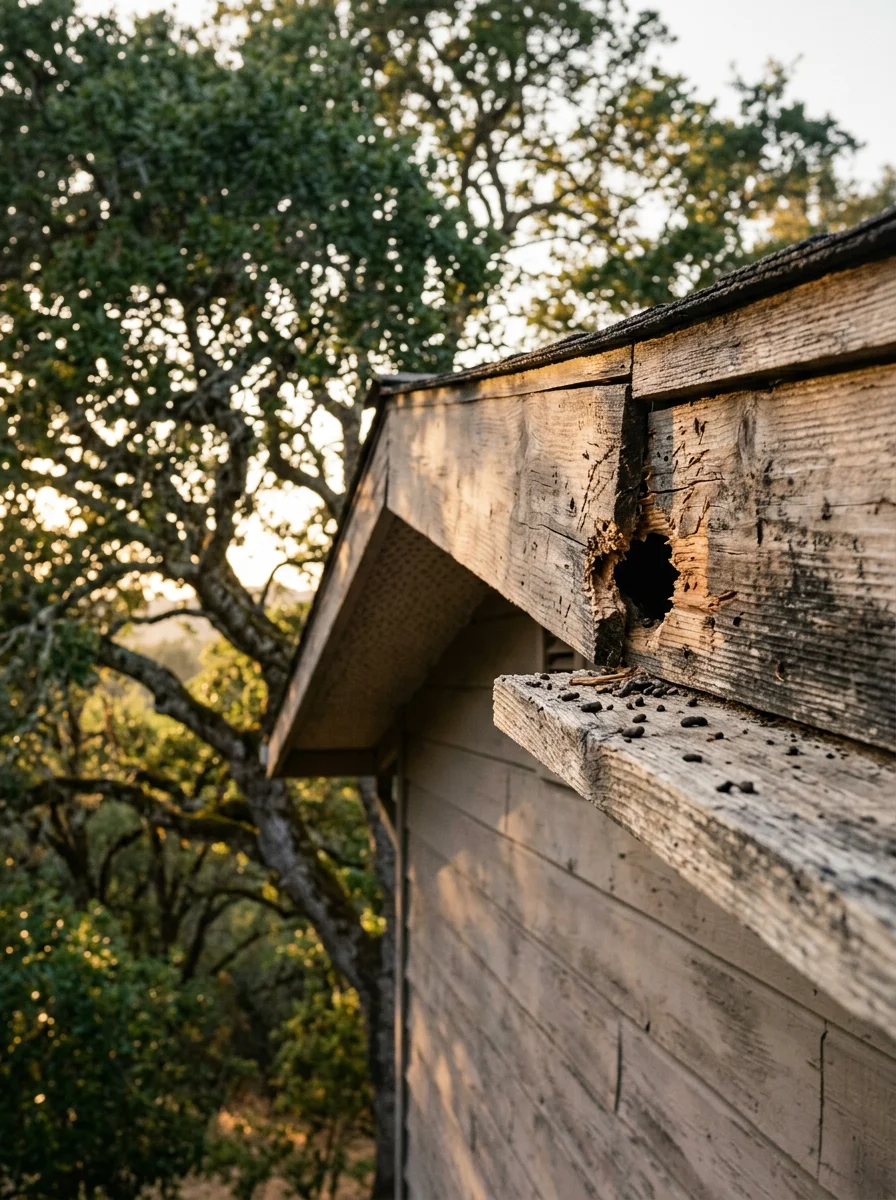Rodent entry point at the roofline of a Sonoma County ranch-style home with mature oak trees in the background.