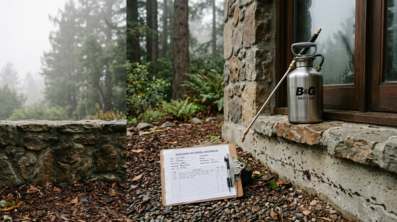 A pest control technician applying insect spray treatment along the exterior foundation of a wood-frame home in Marin County, California. The treatment targets the perimeter where ants and other insects commonly enter near the door threshold and garden bed.