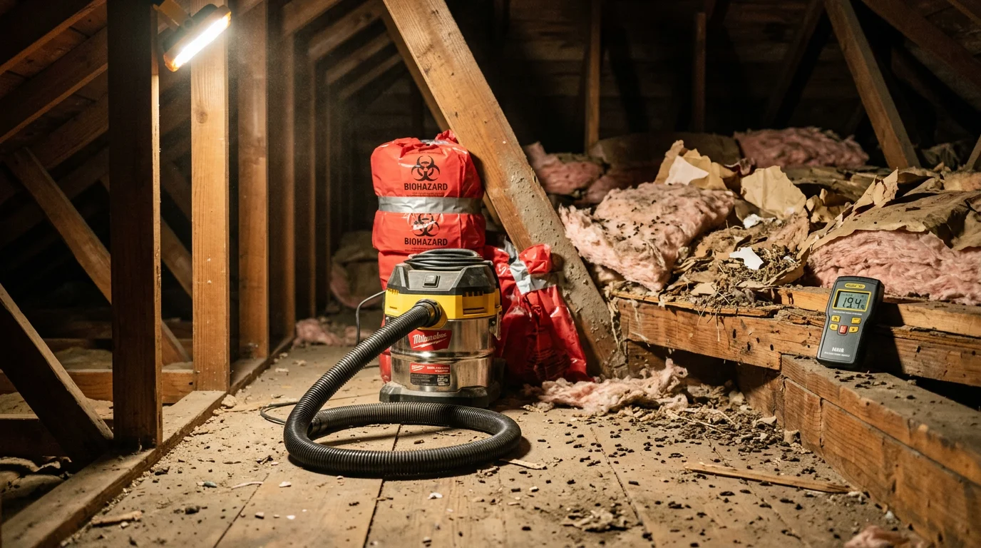 Attic space in a Marin County home showing contaminated insulation being removed after a rodent infestation. Technician works in a low-clearance attic typical of older North Bay residential construction.