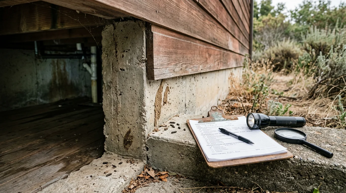 A pest control technician inspecting a crawlspace beneath a Marin County home, using a flashlight to check for rodent droppings and entry points along the foundation.