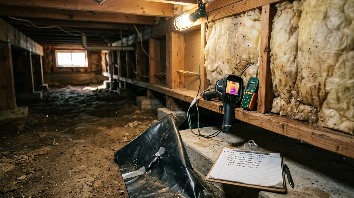 A crawl space beneath a Marin County home showing a partially torn vapor barrier and sagging insulation with visible moisture damage along the subfloor joists. A pest control inspector examines the area with a flashlight during an insulation and vapor barrier assessment.