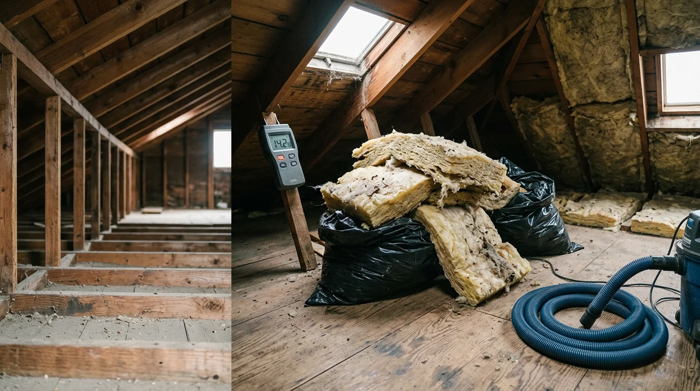 A Marin County attic after insulation removal and cleanout, showing a cleared and debris-free space with bare framing visible. The cleanout was performed following rodent contamination in a residential home.