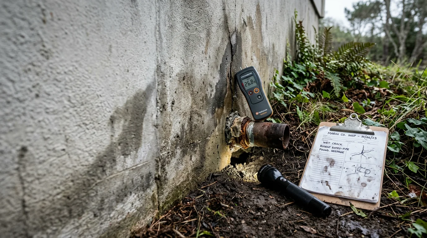 A pest control inspector examining a crawl space vent and foundation gap on the exterior of a Marin County home, checking for moisture damage and rodent entry points. Close-up view shows weathered wood framing and a gap along the foundation sill where coastal humidity has caused deterioration.