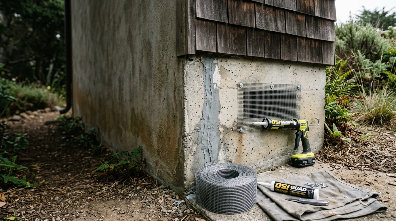 A pest control technician sealing a gap along the foundation of a Marin County home during a rodent exclusion service. Close-up view showing the exterior wall where an entry point has been identified and is being professionally sealed.