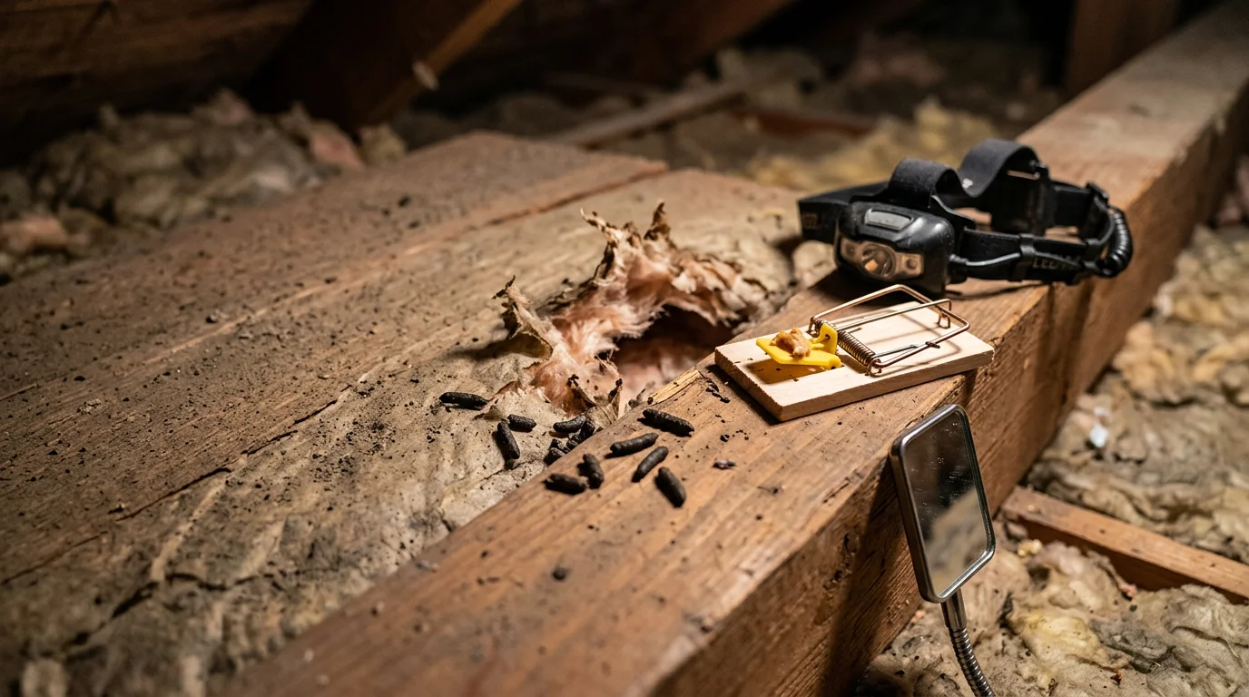 A pest control technician from H&I Pest Control Marin inspecting a residential attic crawl space for signs of rat activity in a Marin County home. Rodent droppings and gnaw marks are visible along a wooden beam near a trap placement point.