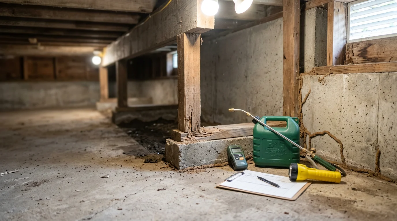 A pest control technician inspecting the crawl space foundation of a wood-frame home in Marin County for signs of subterranean termite mud tubes and structural damage. Close-up view shows a flashlight illuminating a treated foundation beam in a residential crawl space.