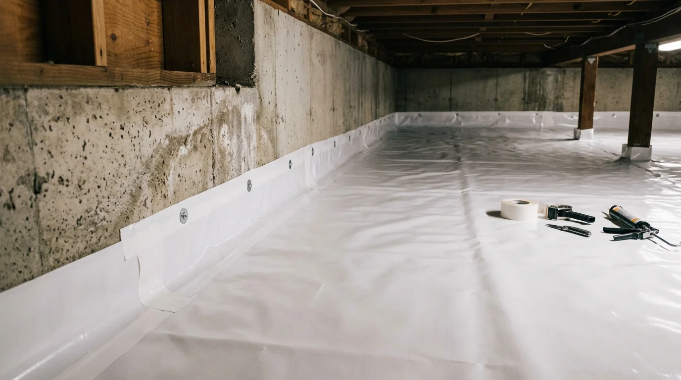 A sealed vapor barrier membrane installed across the dirt floor of a Marin County home crawl space, with edges lapped up the foundation walls and seams secured. The crawl space is dry and clear, showing protected floor joists above.