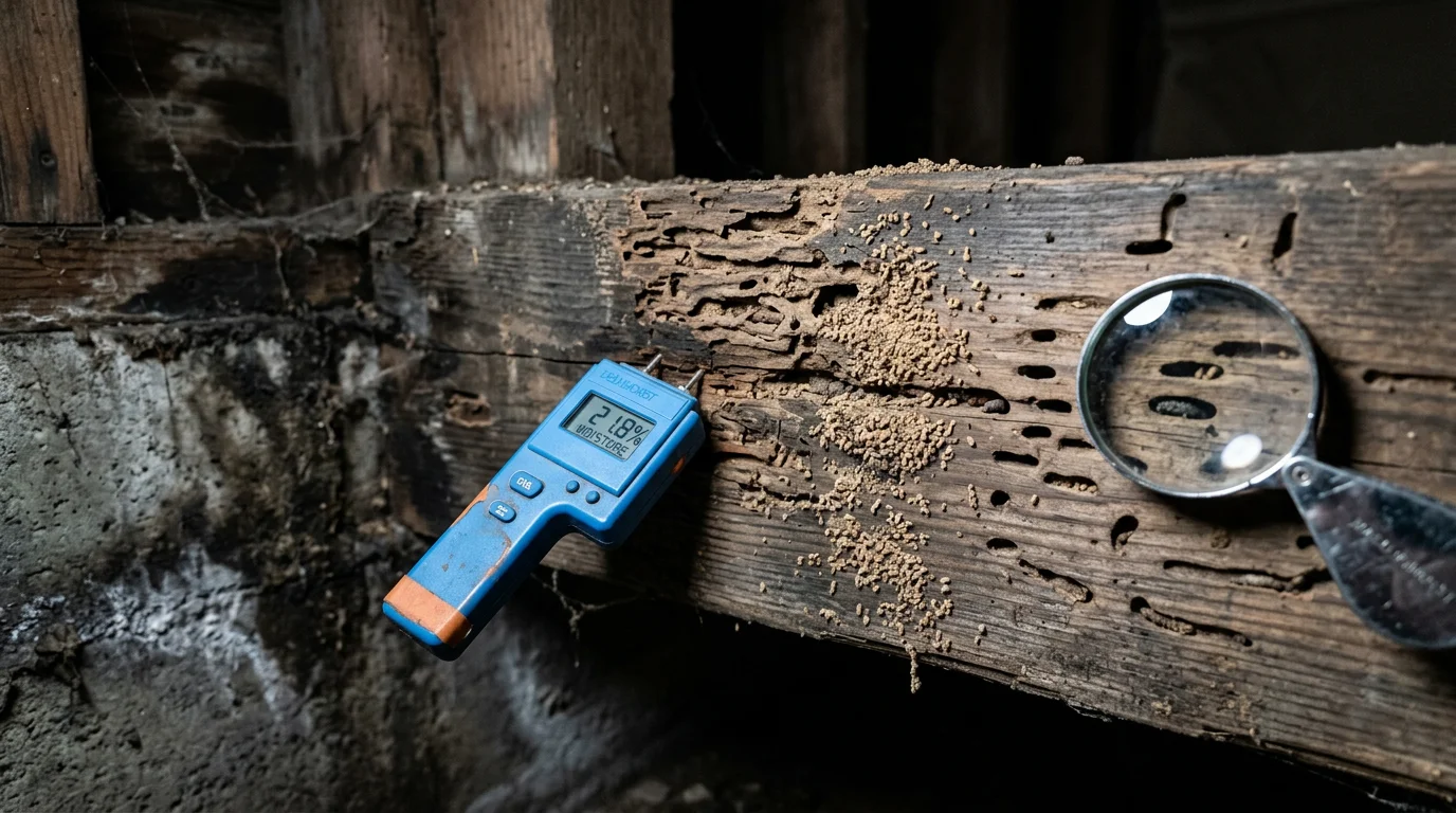 A pest control inspector examining exposed subfloor framing in a Marin County crawl space for signs of termite and wood-boring insect activity. Close-up view shows wood framing with visible insect damage and frass debris consistent with drywood termite infestation.